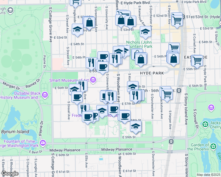 map of restaurants, bars, coffee shops, grocery stores, and more near 5618 South Woodlawn Avenue in Chicago