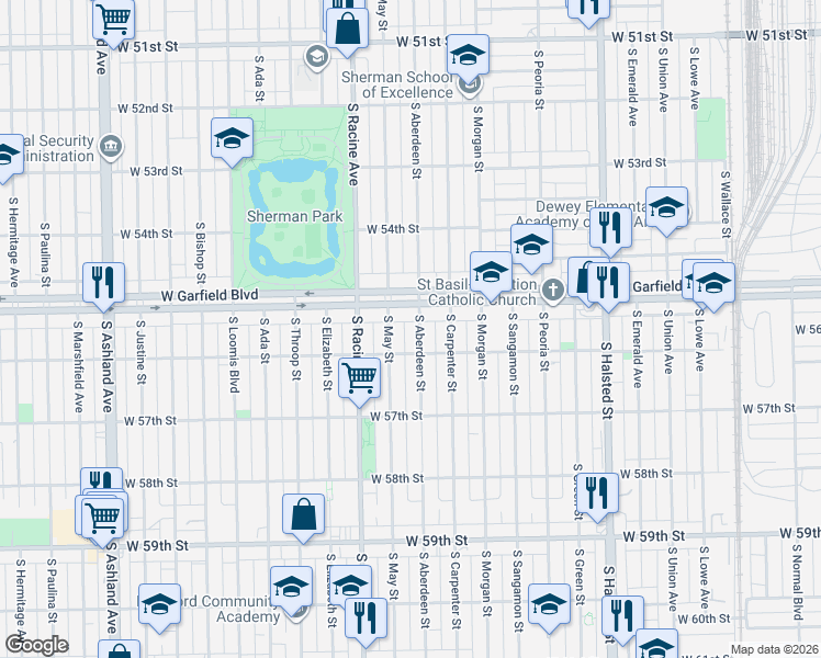 map of restaurants, bars, coffee shops, grocery stores, and more near 5524 South Aberdeen Street in Chicago