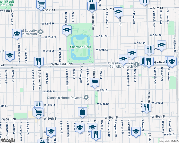 map of restaurants, bars, coffee shops, grocery stores, and more near 5529 South Elizabeth Street in Chicago