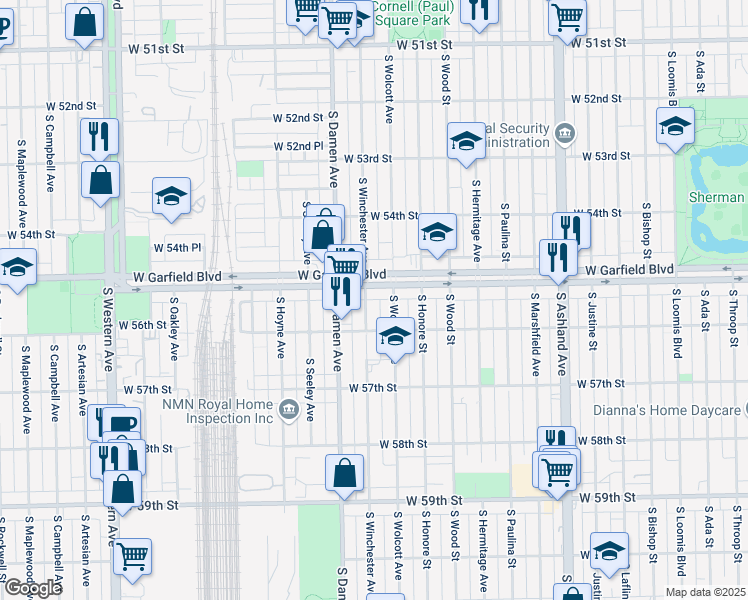 map of restaurants, bars, coffee shops, grocery stores, and more near 5514 South Wolcott Avenue in Chicago