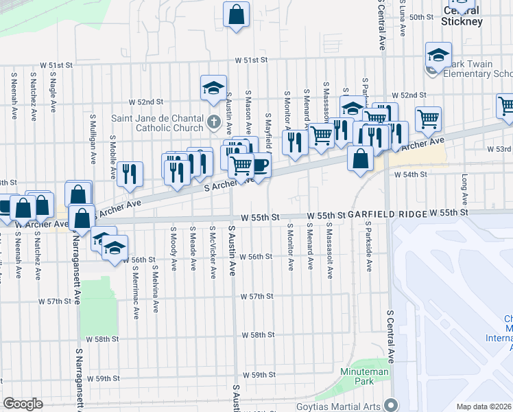 map of restaurants, bars, coffee shops, grocery stores, and more near 5934 West 55th Street in Chicago
