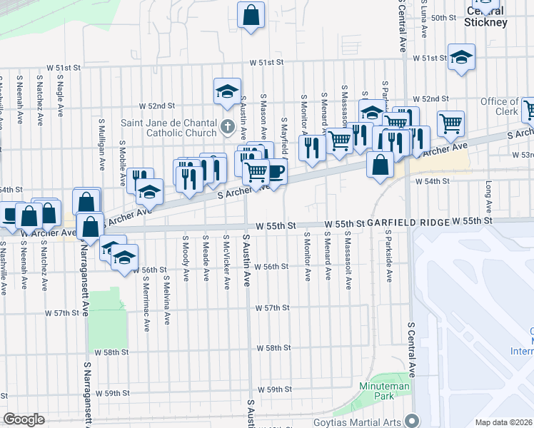 map of restaurants, bars, coffee shops, grocery stores, and more near 5934 West 55th Street in Chicago