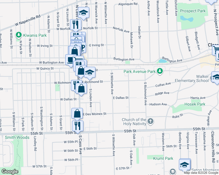 map of restaurants, bars, coffee shops, grocery stores, and more near 114 South Wilmette Avenue in Westmont