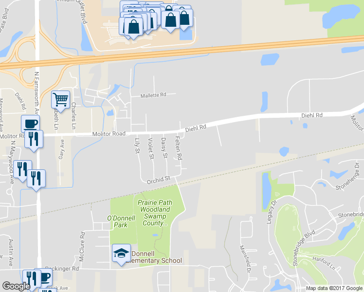 map of restaurants, bars, coffee shops, grocery stores, and more near 1761 Felten Road in Aurora