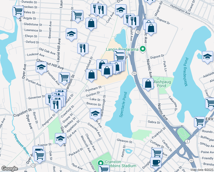 map of restaurants, bars, coffee shops, grocery stores, and more near 30 Pomham Street in Cranston