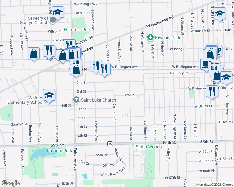 map of restaurants, bars, coffee shops, grocery stores, and more near 124 4th Street in Downers Grove