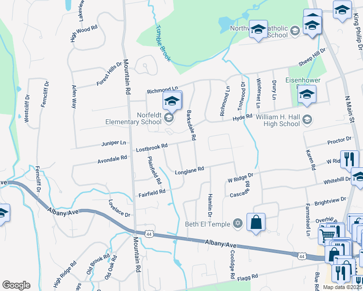 map of restaurants, bars, coffee shops, grocery stores, and more near 49 Lostbrook Road in West Hartford