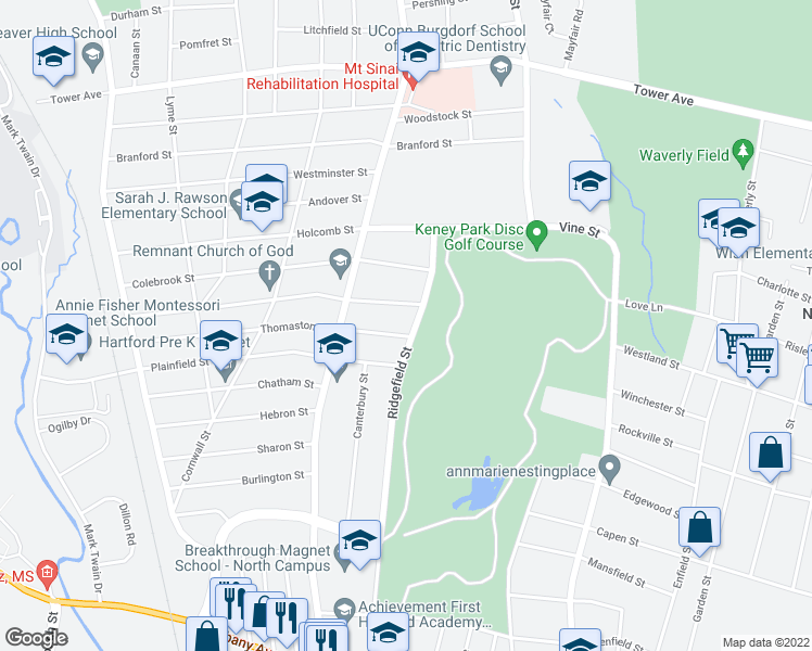 map of restaurants, bars, coffee shops, grocery stores, and more near 251 Ridgefield Street in Hartford