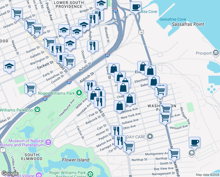 map of restaurants, bars, coffee shops, grocery stores, and more near 126 Johnson Street in Providence