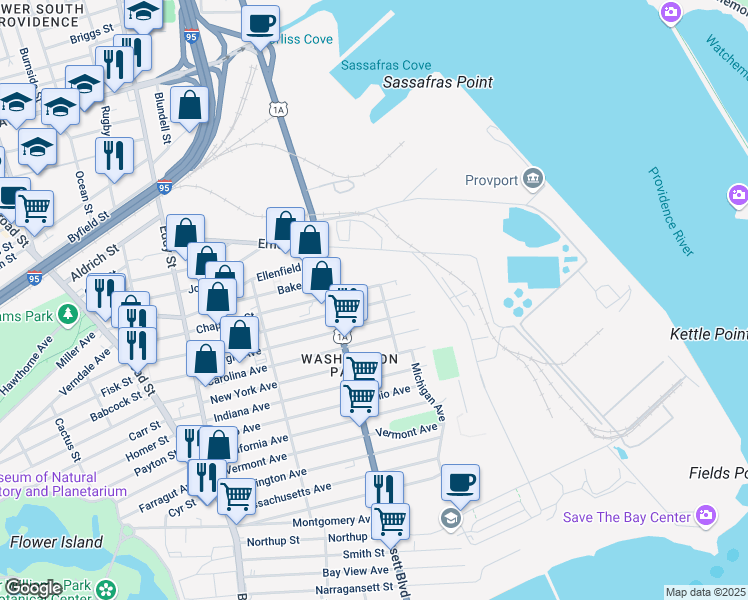 map of restaurants, bars, coffee shops, grocery stores, and more near 62 Toronto Avenue in Providence
