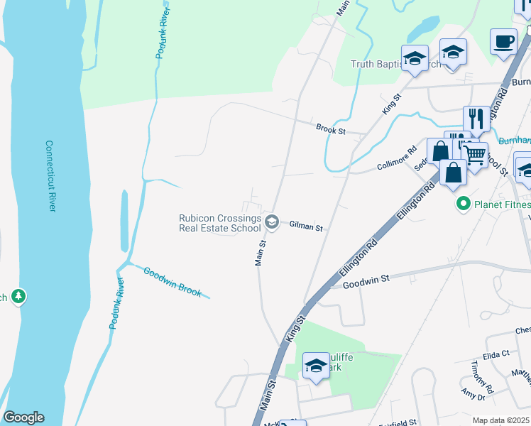 map of restaurants, bars, coffee shops, grocery stores, and more near 1893 Main Street in East Hartford