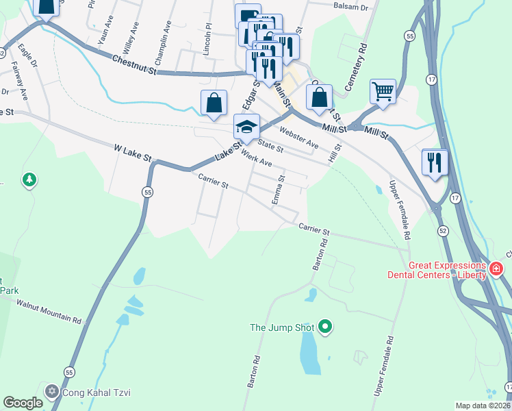 map of restaurants, bars, coffee shops, grocery stores, and more near 96 Carrier Street in Liberty