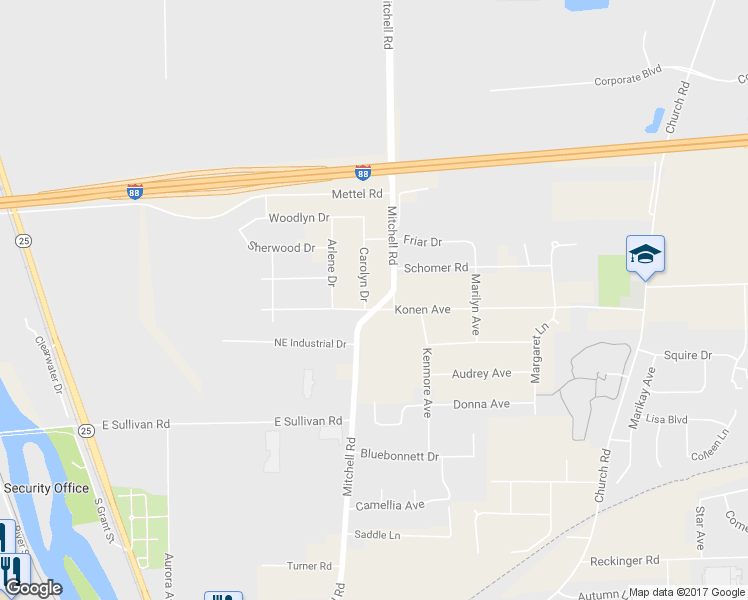 map of restaurants, bars, coffee shops, grocery stores, and more near 1820 Mitchell Road in Aurora