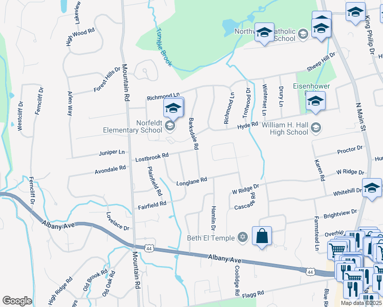 map of restaurants, bars, coffee shops, grocery stores, and more near 49 Lostbrook Road in West Hartford