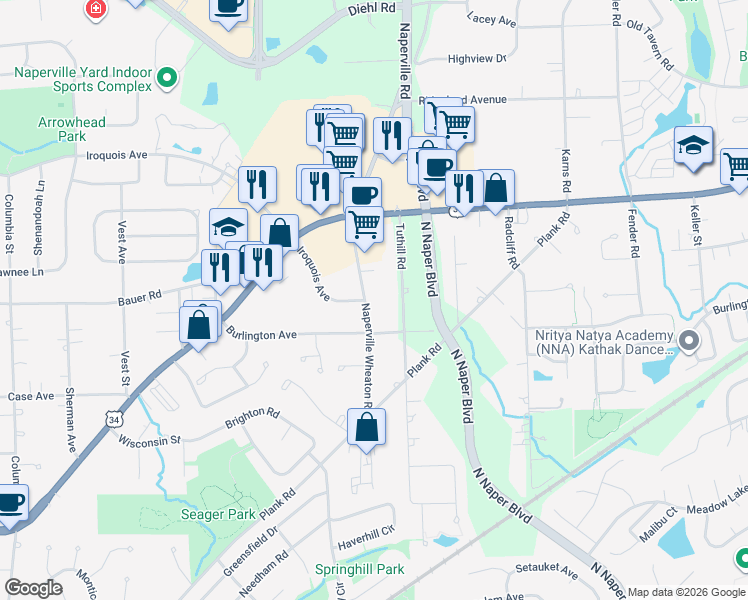 map of restaurants, bars, coffee shops, grocery stores, and more near 1280 Iroquois Avenue in Naperville