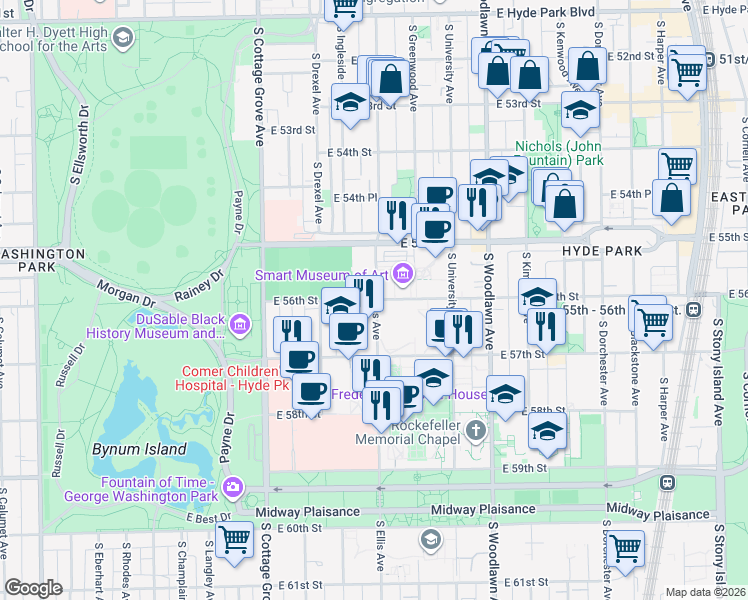 map of restaurants, bars, coffee shops, grocery stores, and more near East 56th Street in Chicago