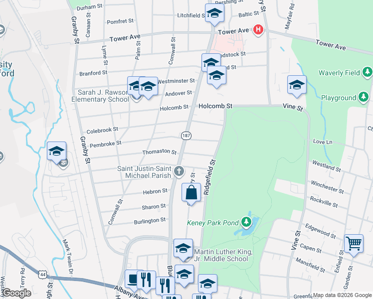 map of restaurants, bars, coffee shops, grocery stores, and more near 291 Blue Hills Avenue in Hartford