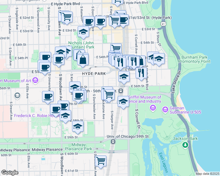 map of restaurants, bars, coffee shops, grocery stores, and more near 1449 East 56th Street in Chicago