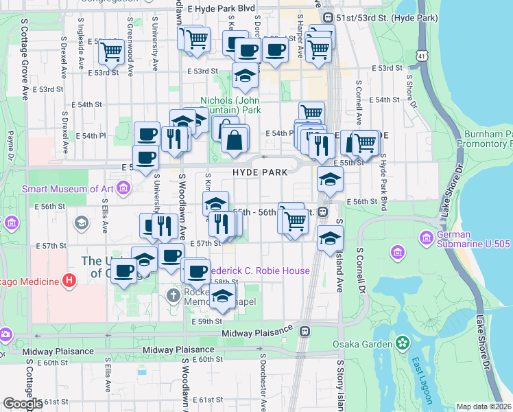 map of restaurants, bars, coffee shops, grocery stores, and more near 5600 South Dorchester Avenue in Chicago