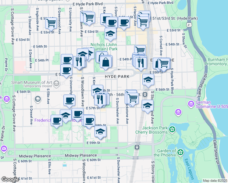 map of restaurants, bars, coffee shops, grocery stores, and more near 1357 East 56th Street in Chicago