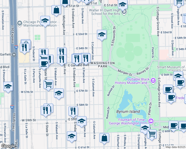 map of restaurants, bars, coffee shops, grocery stores, and more near 326 East 56th Street in Chicago