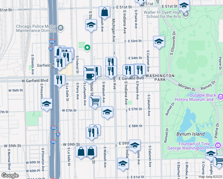 map of restaurants, bars, coffee shops, grocery stores, and more near 12 East 56th Street in Chicago