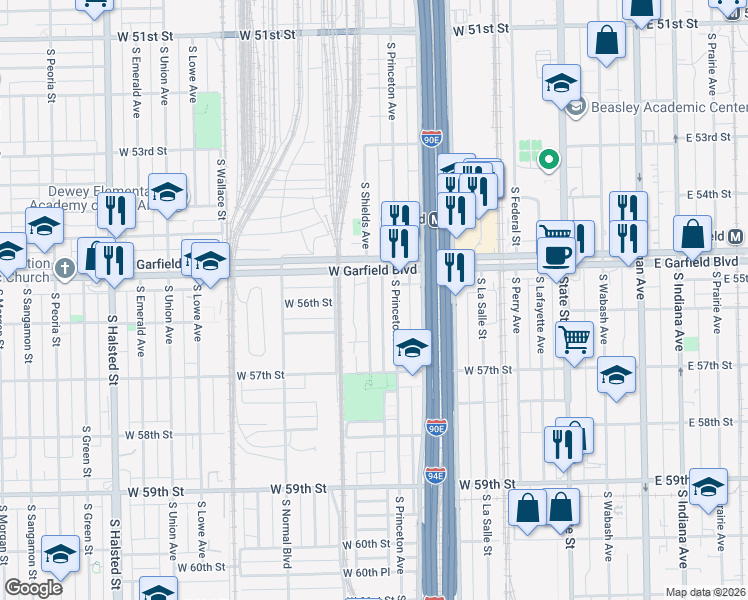 map of restaurants, bars, coffee shops, grocery stores, and more near 5552 South Shields Avenue in Chicago