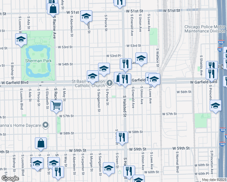 map of restaurants, bars, coffee shops, grocery stores, and more near 5530 South Green Street in Chicago