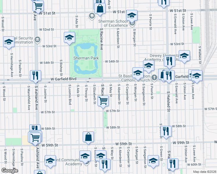 map of restaurants, bars, coffee shops, grocery stores, and more near 5524 South May Street in Chicago
