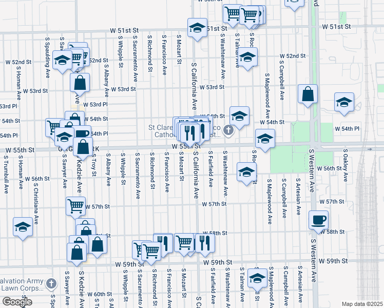 map of restaurants, bars, coffee shops, grocery stores, and more near 5521 South Mozart Street in Chicago