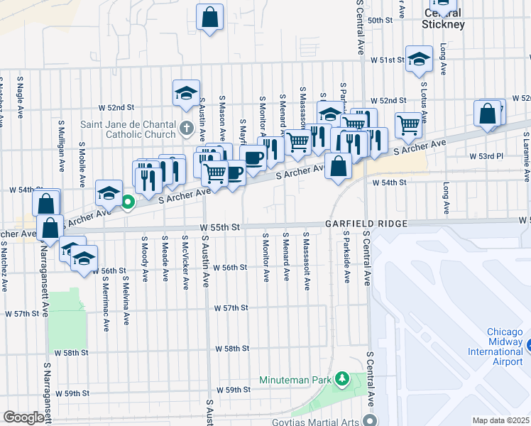 map of restaurants, bars, coffee shops, grocery stores, and more near 5820 West 55th Street in Chicago