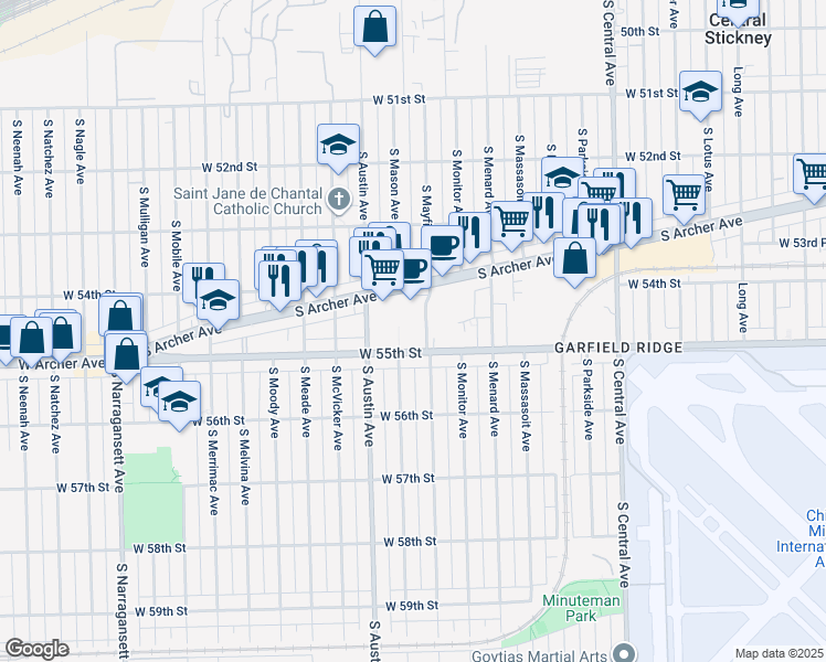 map of restaurants, bars, coffee shops, grocery stores, and more near 5934 West 55th Street in Chicago