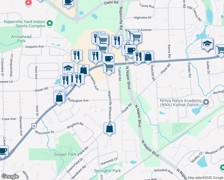 map of restaurants, bars, coffee shops, grocery stores, and more near 1280 Iroquois Avenue in Naperville