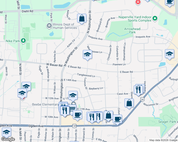 map of restaurants, bars, coffee shops, grocery stores, and more near 412 East Bauer Road in Naperville