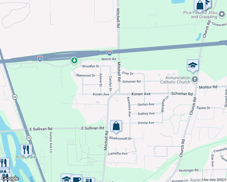 map of restaurants, bars, coffee shops, grocery stores, and more near 1820 Mitchell Road in Aurora