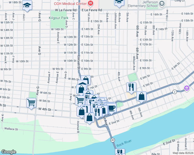 map of restaurants, bars, coffee shops, grocery stores, and more near 709 2nd Avenue in Sterling