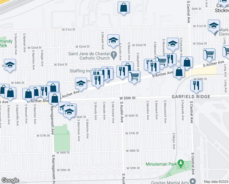 map of restaurants, bars, coffee shops, grocery stores, and more near 5425 South McVicker Avenue in Chicago