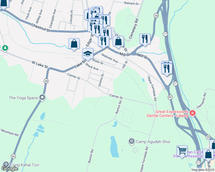 map of restaurants, bars, coffee shops, grocery stores, and more near 6 Antoinette Avenue in Liberty