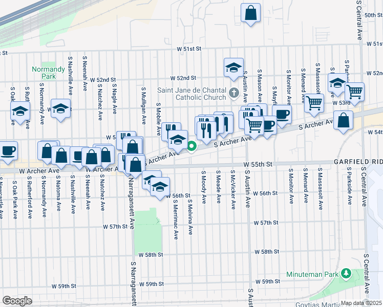 map of restaurants, bars, coffee shops, grocery stores, and more near 6255 South Archer Avenue in Chicago