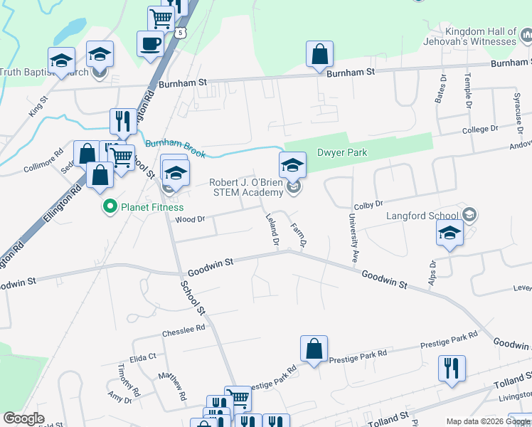 map of restaurants, bars, coffee shops, grocery stores, and more near 45 Leland Dr in East Hartford