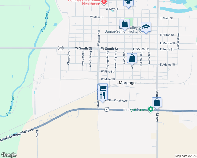 map of restaurants, bars, coffee shops, grocery stores, and more near 400 West Miller Street in Marengo