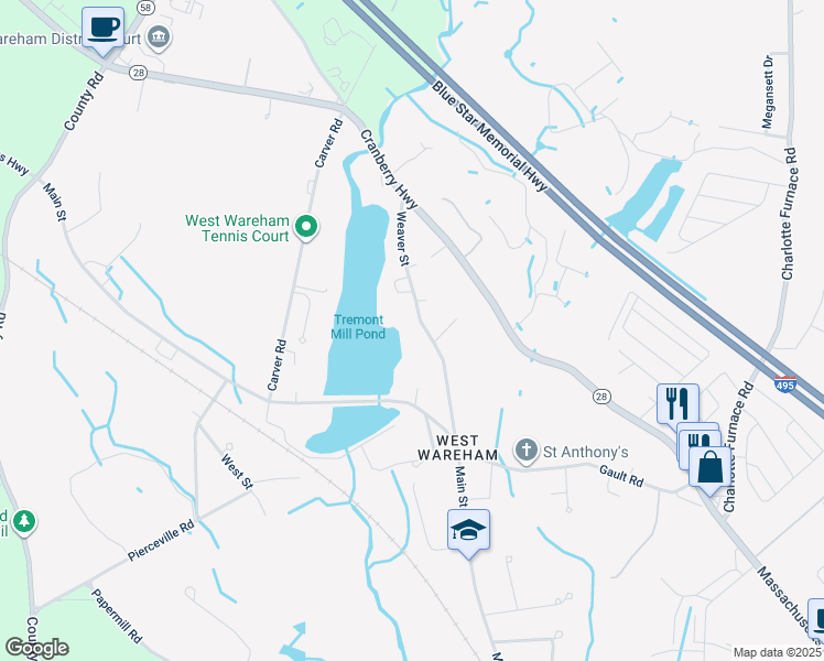 map of restaurants, bars, coffee shops, grocery stores, and more near 26 Weaver Street in Wareham