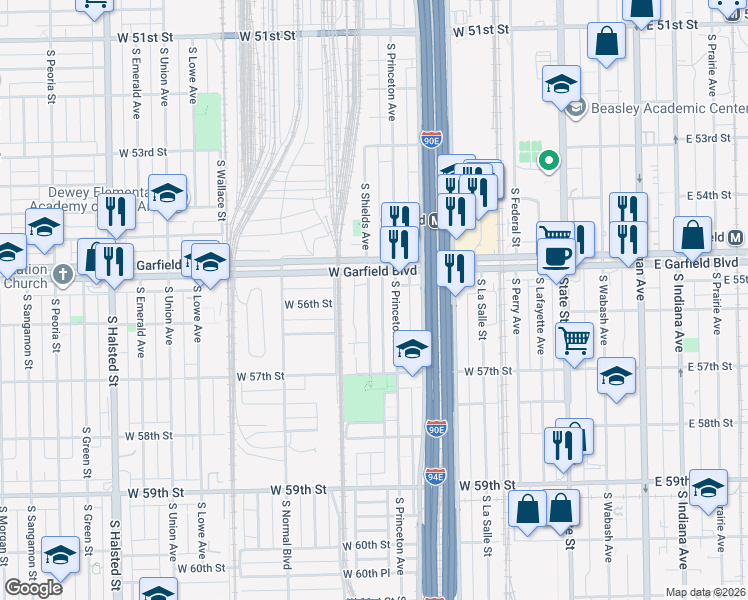 map of restaurants, bars, coffee shops, grocery stores, and more near 5552 South Shields Avenue in Chicago