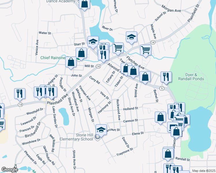 map of restaurants, bars, coffee shops, grocery stores, and more near 14 Tampa Street in Cranston