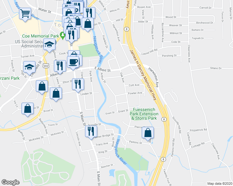map of restaurants, bars, coffee shops, grocery stores, and more near 42 Garfield Street in Torrington