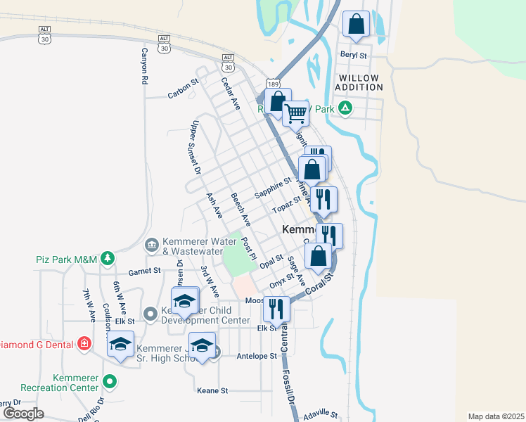 map of restaurants, bars, coffee shops, grocery stores, and more near 517 Topaz Street in Kemmerer
