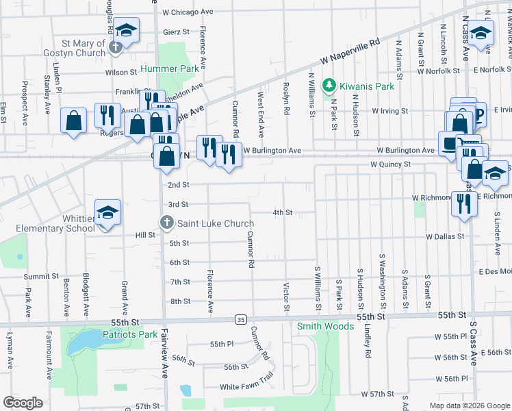 map of restaurants, bars, coffee shops, grocery stores, and more near 124 4th Street in Downers Grove