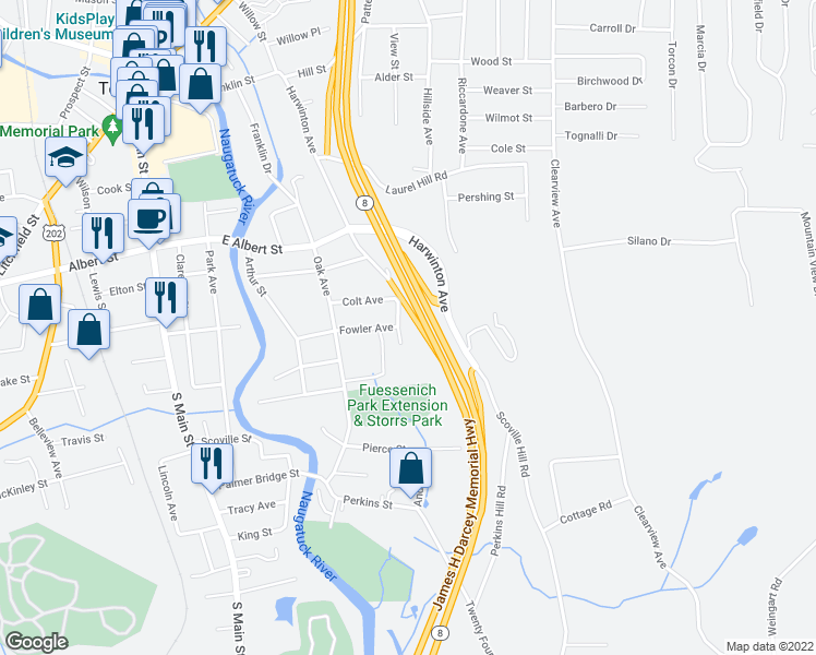 map of restaurants, bars, coffee shops, grocery stores, and more near 63 Avenue A in Torrington