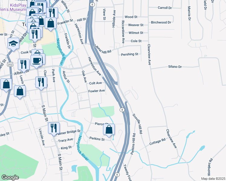 map of restaurants, bars, coffee shops, grocery stores, and more near 63 Avenue A in Torrington