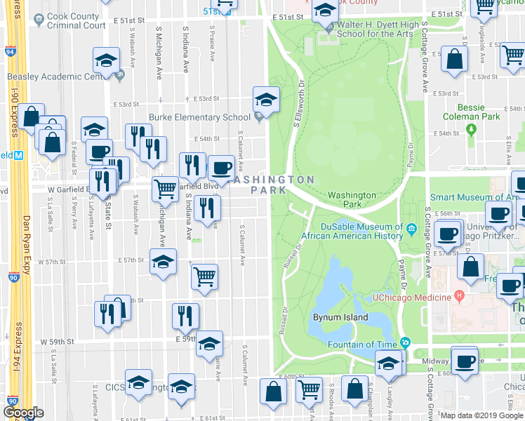 map of restaurants, bars, coffee shops, grocery stores, and more near 362 East 56th Street in Chicago